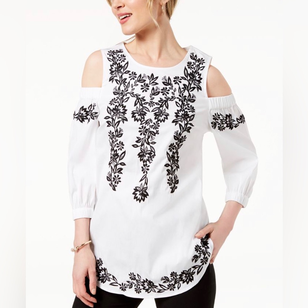 Charter Club Embroidered Cold-Shoulder Tunic size L